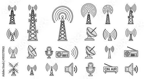 A collection of black and white line art icons depicting various communication devices on transparent background
