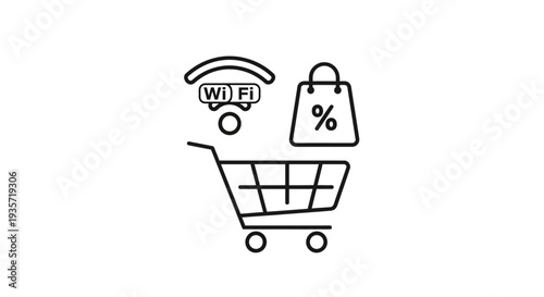 Online Shopping Cart Icon with Discount Tag and Delivery Truck E Commerce Line Vector Illustration Isolated on White Background
