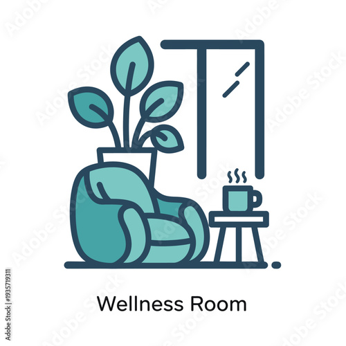 A serene and comfortable relaxation space featuring a soft armchair, lush green plant, and a comforting hot beverage, ideal for unwinding and personal well-being