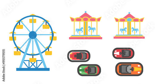 A colorful illustration of carnival rides and toy cars on transparent background