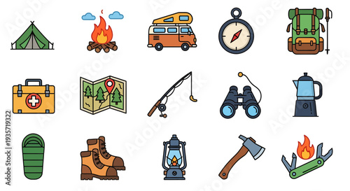 Set of Camping and Glamping Outdoor Adventure Flat Line Icons