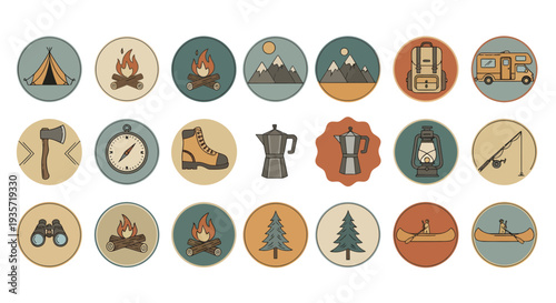 Retro Camping and Outdoor Adventure Icon Set, Vintage Nature Exploration Elements for Glamping, Hiking, and Summer Camp