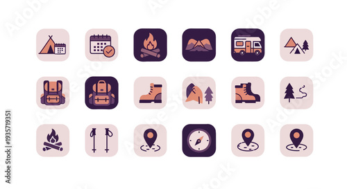 Camping and Outdoor Adventure Icon Set for Glamping, Hiking, and Travel UI Design