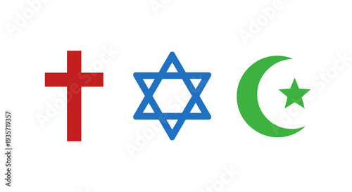A symbolic representation of Christianity, Judaism, and Islam on transparent background