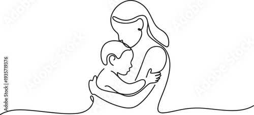 Mother and child hugs continuous line art drawing isolated .one line vector illustration with white background