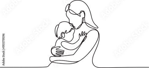 Mother and child hugs continuous line art drawing isolated .one line vector illustration with white background