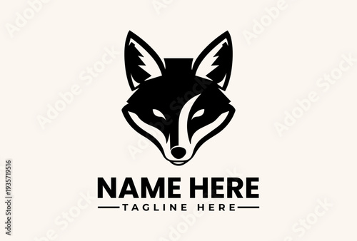 A black and white illustration of a fox's head with placeholder text for a logo or brand name on a beige background, featuring a vector graphic design with a simple icon and pictogram