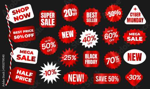 Red foil sale sticker, best seller icon, discount, new. Round shiny smooth metal emblem. Iridescent сircle label, star shape element with uneven wavy zigzag edge. Isolated on black background EPS