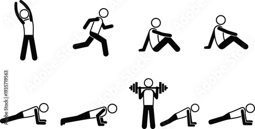Exercise icons set with stick figures showing stretching, running, sit‑ups, plank, push‑ups, weightlifting, yoga, fitness, workout, training, healthy lifestyle