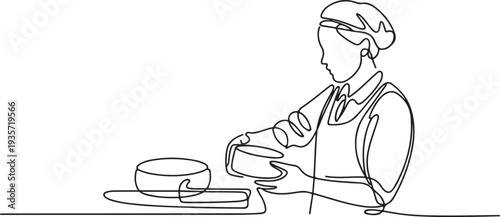 One continuous line drawing of an employee who works in a cheese factory vector illustration. Industrial activity design illustration simple linear style vector concept.one line vector illustration 