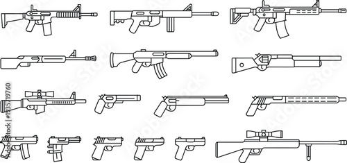 Collection of firearm vector illustrations including rifles, shotguns, handguns, black and white line drawings, weapon design elements, military equipment, tactical gun graphics