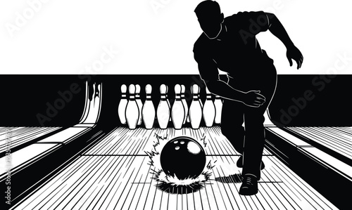 Bowling player silhouette illustration, dynamic ball release vector, sport lane design artwork, ten pin strike motion graphic, athletic performance icon for game projects