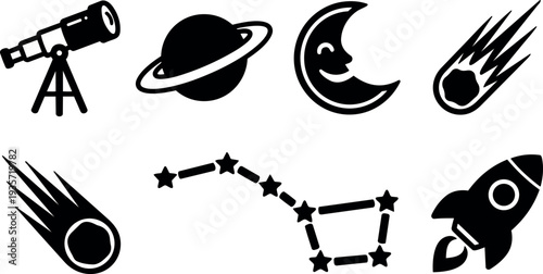 Flat design minimalist space icons set telescope planet crescent moon meteor comet constellation rocket simple black silhouettes vector collection isolated