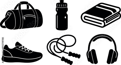 Flat design gym equipment icons duffel bag water bottle towel running shoe jump rope headphones set simple silhouette black collection