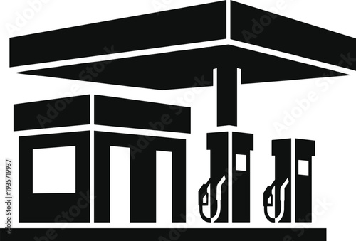 Gas station vector illustration, black and white fuel pump icon, transportation facility silhouette, refueling station design, automotive service symbol, travel infrastructure artwork