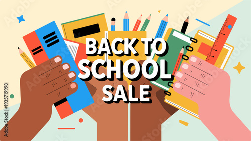 Diverse hands holding colorful school supplies and text 'back to school sale'