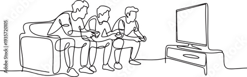 One continuous line drawing of the people are playing soccer video games in a room of house.one line vector illustration with white background