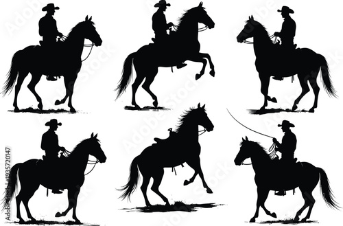 Cowboys riding horses silhouettes, western equestrian culture icons, dynamic rodeo poses vector illustration, lasso and saddle artwork, traditional ranch lifestyle design elements
