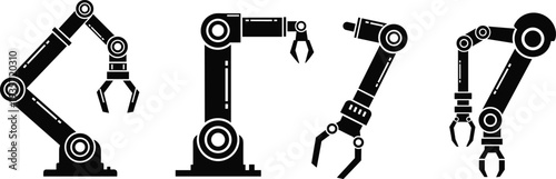 Set of industrial robotic arms icons isolated on white background automation technology manipulators for factory manufacturing engineering robotics vector illustration
