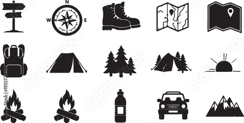 Set of 15 Black and White Camping and Hiking Vector Icons isolated PNG with Transparent Background