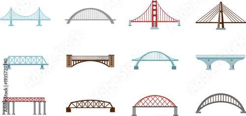 Bridge types collection with suspension arch beam and cable stayed bridges, transportation infrastructure icons set isolated flat vector illustration