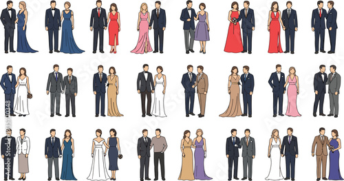 Flat vector illustration set of diverse elegant couples in formal wedding attire and evening gowns for marriage celebrations, gala events, and romantic ceremonies.