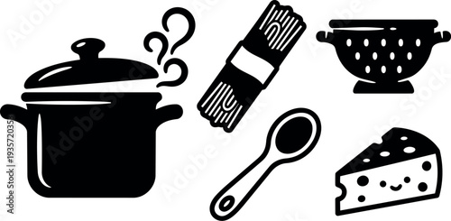 Flat design kitchen icons set steaming pot bundle of noodles colander wooden spoon and cheese slice in minimalist black silhouette