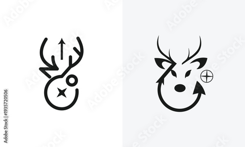 Two black and white graphic depictions of a deer s head each with unique geometric additions high quality