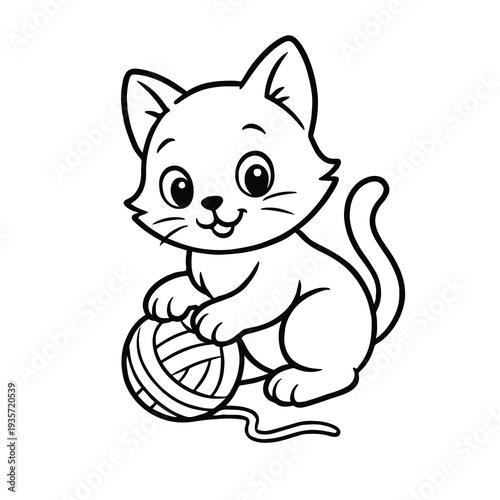 Cute cartoon kitten playing with ball of yarn isolated on transparent background vector illustration