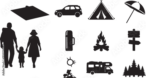 Set of 12 Black Camping and Outdoor Activity Silhouettes Vector isolated PNG with Transparent Background