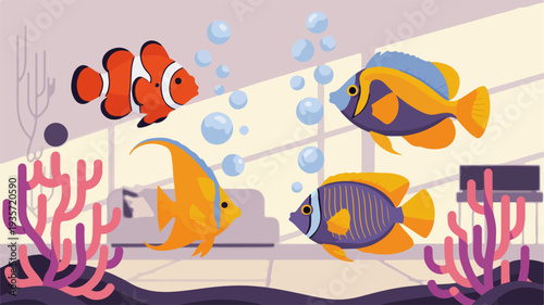 Vibrant aquarium scene with clownfish angelfish and other tropical fish swimming near colorful coral