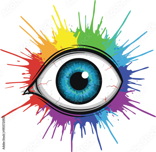A colorful illustration of a human eye with rainbow paint splatters