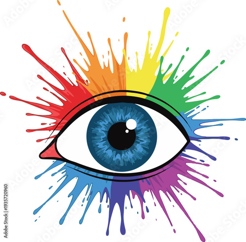 A colorful illustration of a blue eye with rainbow paint splatters