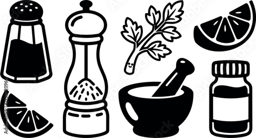Flat design close up of kitchen spice icons salt shaker pepper mill parsley lemon slices mortar and pestle spice jar