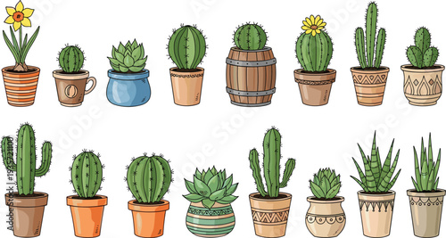 Hand Drawn Cactus and Succulent Plants Collection in Decorative Pots Cute Botanical Houseplant Set for Garden Decor Nature Illustration and Indoor Plant Design.