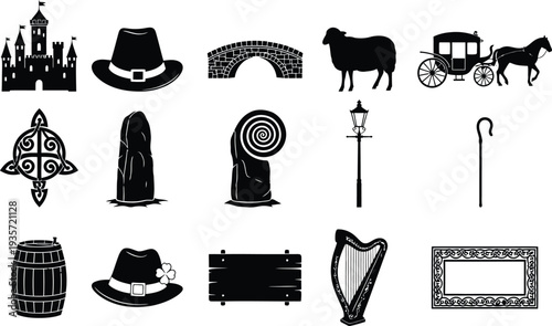 Collection of 12 black silhouette icons including animals vehicles and objects silhouette