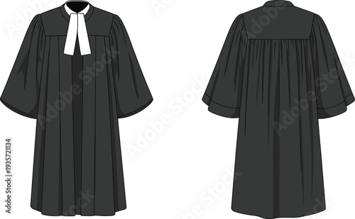 Traditional black judicial robe, front and back view, legal court gown, lawyer attire, isolated on white background illustration