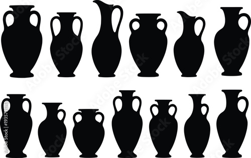 Ancient amphora vase silhouette collection, Greek and Roman pottery urn shapes, classical ceramic vessel icons vector illustration set
