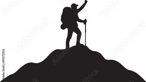 Black Silhouette of Hiker with Backpack and Trekking Pole on Mountain Peak Vector isolated PNG with Transparent Background