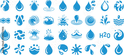 Blue water icons vector illustration with droplets, splashes, waves, abstract fluid designs, hydration concept, environment graphics, cleanliness symbol, motion and fluidity representation