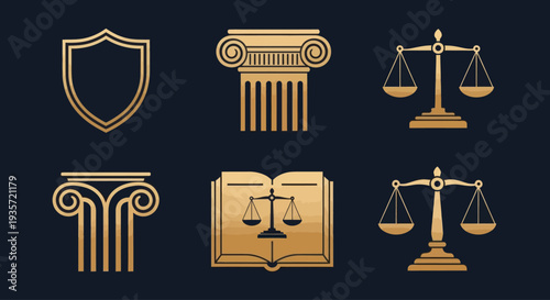 Golden Law and Justice Icons: Scales, Shields, Pillars, and Open Book