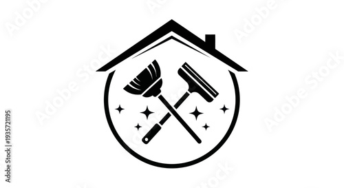 Cleaning Service Logo: Broom, Squeegee, House Icon, Sparkles - Professional Home Cleaning