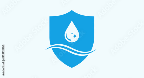 Waterproof shield icon with drop and waves, blue and white, flat design