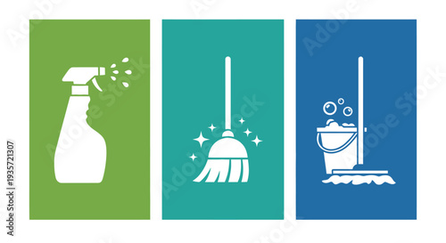 Cleaning supplies icons: spray bottle, broom, mop and bucket. Flat design.