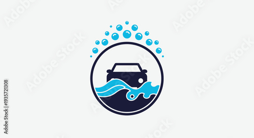 Car Wash Icon with Bubbles and Water Splash - Clean Vehicle Logo