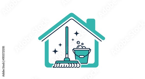 Home cleaning icon with mop and bucket, sparkling clean and hygiene concept