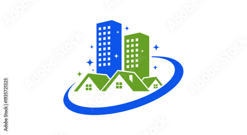 Modern Building Cleaning Service Logo Design: Houses and Skyscrapers