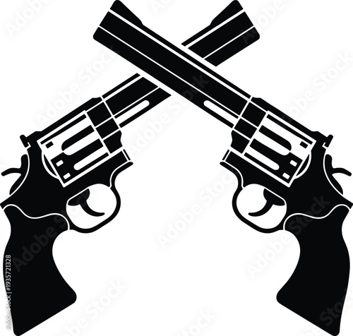 Crossed revolvers silhouette, black and white firearm icon, western pistol vector illustration, guns in X shape, weapon design elements for graphic artwork