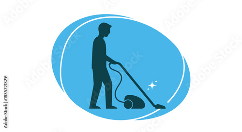 Man silhouette vacuuming floor with blue oval background and sparkles. Housekeeping concept.