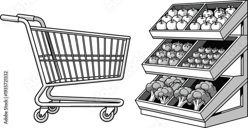 Grocery store scene with shopping cart and produce display rack featuring apples, tomatoes, grapes, and broccoli in fresh food arrangementGrocery store scene with shopping cart and produce display
